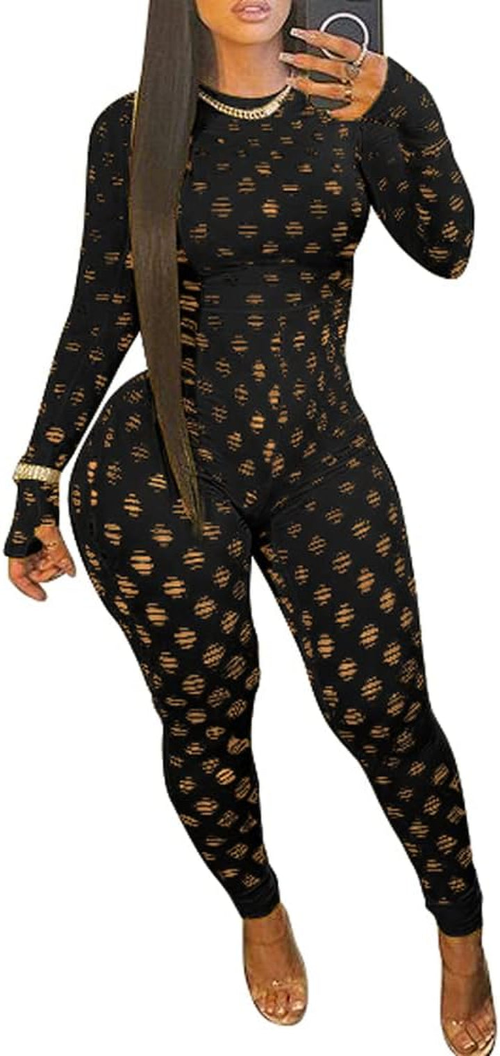 Sexy Bodycon Jumpsuits See through Mesh Lace Hollow Out One Piece Club Outfits Clubwear Black Xx-Large