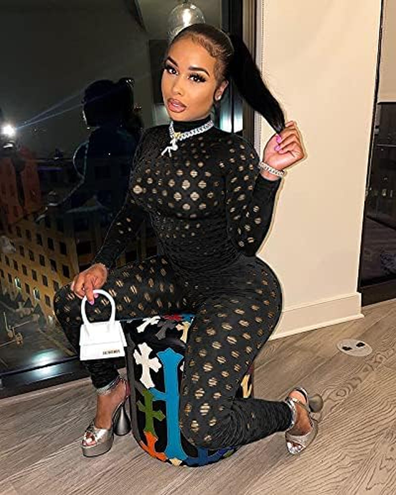 Sexy Bodycon Jumpsuits See through Mesh Lace Hollow Out One Piece Club Outfits Clubwear Black Xx-Large