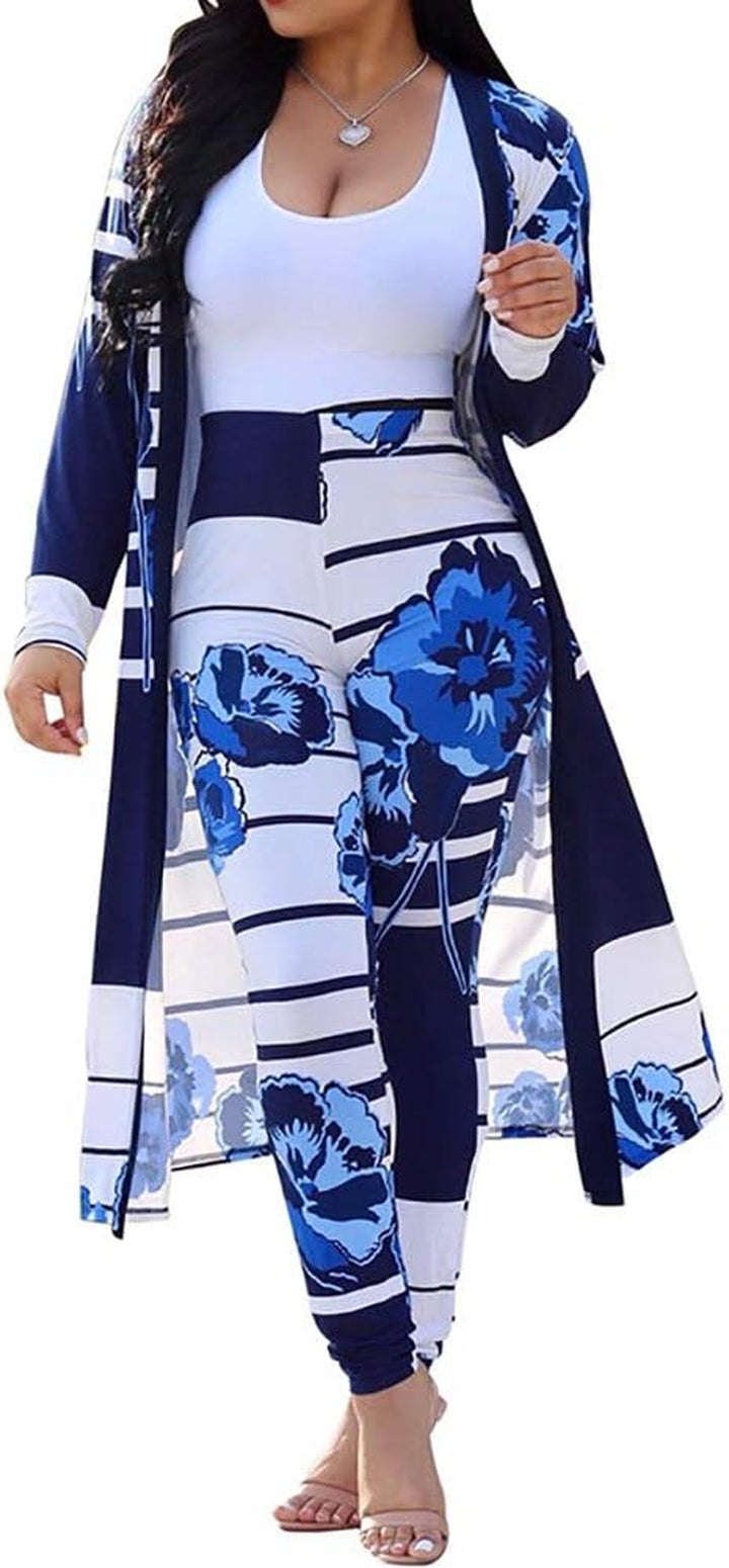 Womens Two Piece Outfits Jumpsuits Print Clubwear Long Sleeve Open Kimonos Cardigan Pants Sets Blue M