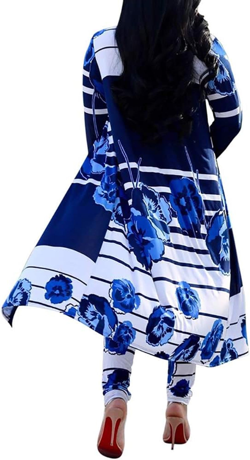 Womens Two Piece Outfits Jumpsuits Print Clubwear Long Sleeve Open Kimonos Cardigan Pants Sets Blue M