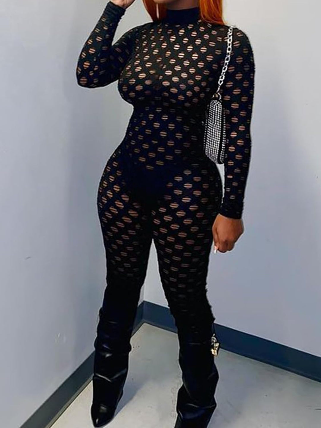 Sexy Bodycon Jumpsuits See through Mesh Lace Hollow Out One Piece Club Outfits Clubwear Black Xx-Large