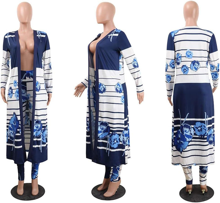 Womens Two Piece Outfits Jumpsuits Print Clubwear Long Sleeve Open Kimonos Cardigan Pants Sets Blue M